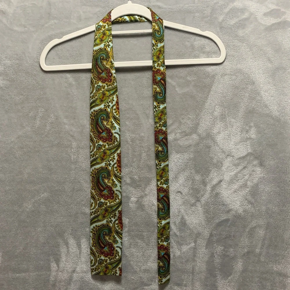 Vtg Rooster‎ John Wanamaker Paisley Neck Tie Green Gold Hand Printed Square End